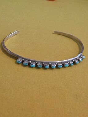 Sterling Silver Cuff Bracelet w/ Turquoise Accent Stones - Inscribed "BCT ZUNI"